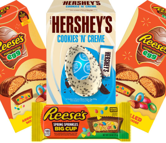 Reese’s unveils new Easter peanut butter range Pack shots of Hershey's and Reese's Easter range including Hershey's Cookies 'N' Creme Egg, Reese's Peanut Butter Egg and Reese's Spring Sprinkles Big Cup King Size.