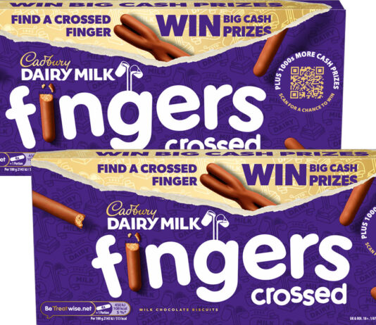 Keep Fingers Crossed as activation returns with more prizes Pack shots of Cadbury Fingers biscuits with on-pack promotions for the Crossed Fingers campaign.