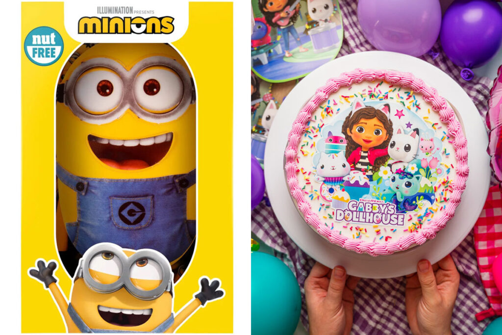 Pack shots of Minions Celebration Cake and an image of a person holding on to a Gabby's Dollhouse above a party table with balloons on it.