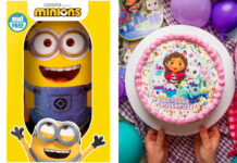 Pack shots of Minions Celebration Cake and an image of a person holding on to a Gabby's Dollhouse above a party table with balloons on it.