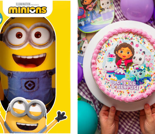 Finsbury marks Universal renewal with new Wicked cake plans Pack shots of Minions Celebration Cake and an image of a person holding on to a Gabby's Dollhouse above a party table with balloons on it.