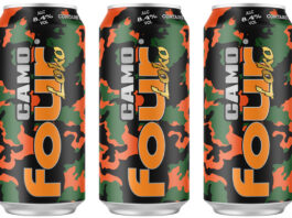 Pack shots of Four Loko Camo Mango cans.