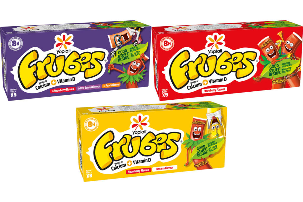 Pack shots of Frubes including Strawberries, Red Berries and Peach Multipack, Strawberry and Banana flavours Multipack and Strawberry Flavour Multipack.