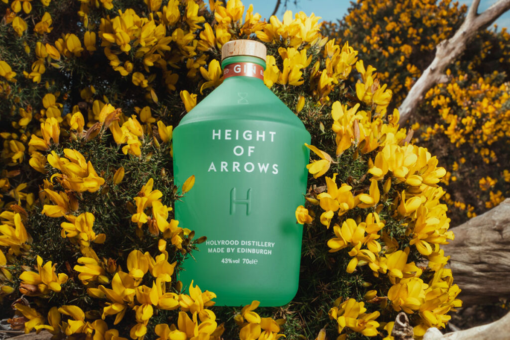 A bottle of Height of Arrows gin lies in a bush of yellow flowers.