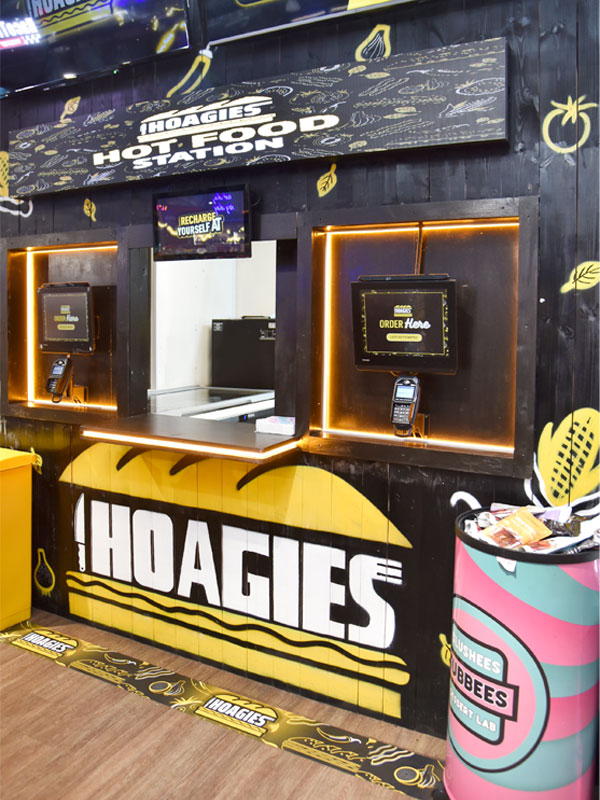 A hot food to go counter for the Hoagies brand at Premier RaceTrack Pitstop Wishaw.