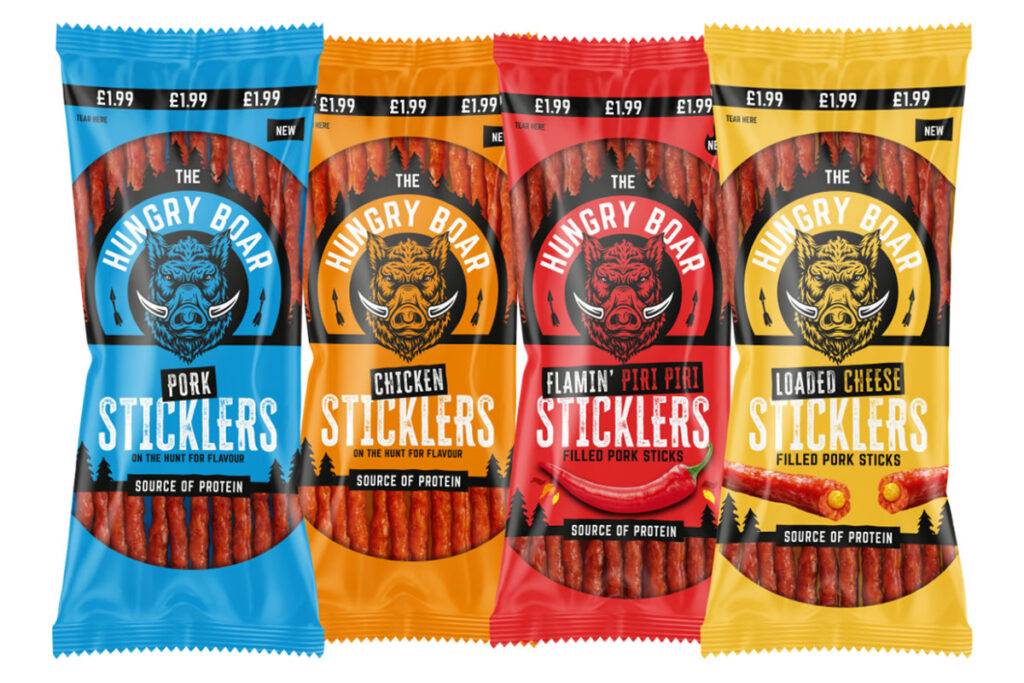 Pack shots of Hungry Boar Sticklers, from left to right Pork Sticklers, Chicken Sticklers, Flamin' Piri Piri Sticklers and Loaded Cheese Sticklers.