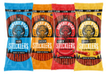 Pack shots of Hungry Boar Sticklers, from left to right Pork Sticklers, Chicken Sticklers, Flamin' Piri Piri Sticklers and Loaded Cheese Sticklers.