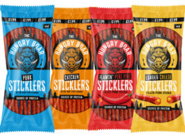 Hungry Boar expands Booker meat snacks range Pack shots of Hungry Boar Sticklers, from left to right Pork Sticklers, Chicken Sticklers, Flamin' Piri Piri Sticklers and Loaded Cheese Sticklers.