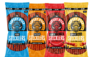 Pack shots of Hungry Boar Sticklers, from left to right Pork Sticklers, Chicken Sticklers, Flamin' Piri Piri Sticklers and Loaded Cheese Sticklers.