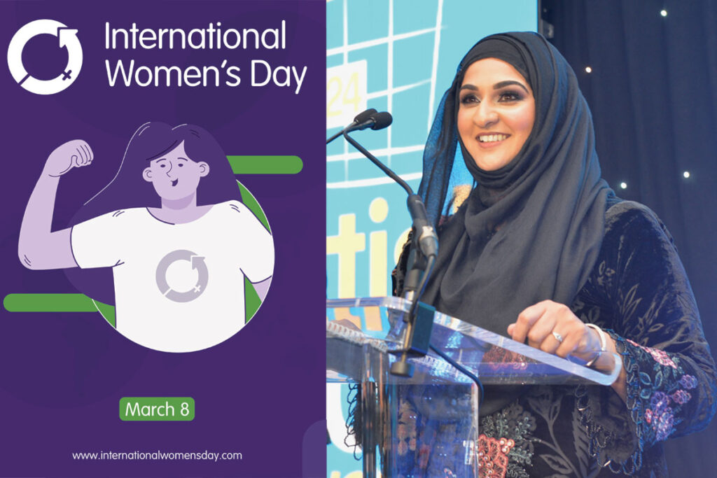 Store owner Asiyah Javed stands at a podium at the Scottish Grocer Awards 2025 in the image on the right with the post for International Women's Day 2025 in the image to the left.