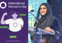 Store owner Asiyah Javed stands at a podium at the Scottish Grocer Awards 2025 in the image on the right with the post for International Women's Day 2025 in the image to the left.