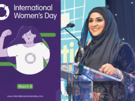 International Women’s Day – A&J Alloa Road Spar Store owner Asiyah Javed stands at a podium at the Scottish Grocer Awards 2025 in the image on the right with the post for International Women's Day 2025 in the image to the left.