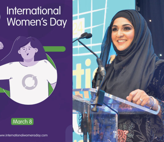 International Women’s Day – A&J Alloa Road Spar Store owner Asiyah Javed stands at a podium at the Scottish Grocer Awards 2025 in the image on the right with the post for International Women's Day 2025 in the image to the left.