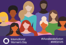 A illustration showing the images of women without distinct feature for International Women's Day 2025. The International Women's Day logo sits in the bottom left corner with the hashtags #AccelerateAction and #IWD2025 in the bottom right corner.