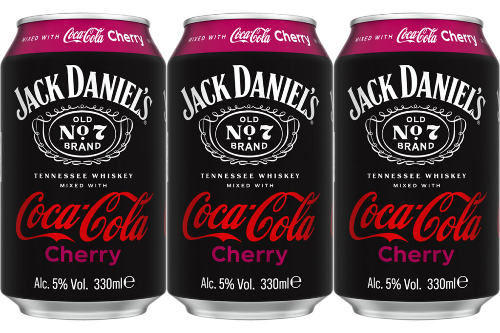 Pack shots of Jack Daniels & Coca-Cola Cherry cans.