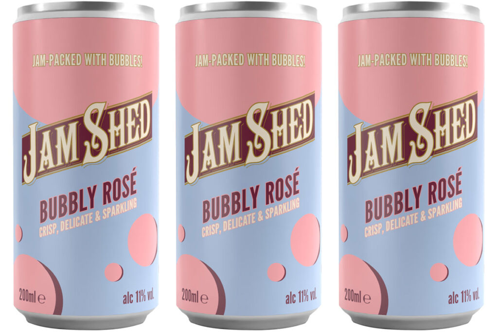 Pack shots of Jam Shed Bubbly Rosé cans.