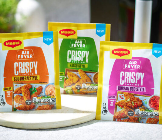 Maggi rolls out Air Fryer Crispy Coating range Packets of Maggi Air Fryer Crispy Coating range stand on a kitchen table including the Southern Style, Katsu Style and Korean BBQ Style variants.
