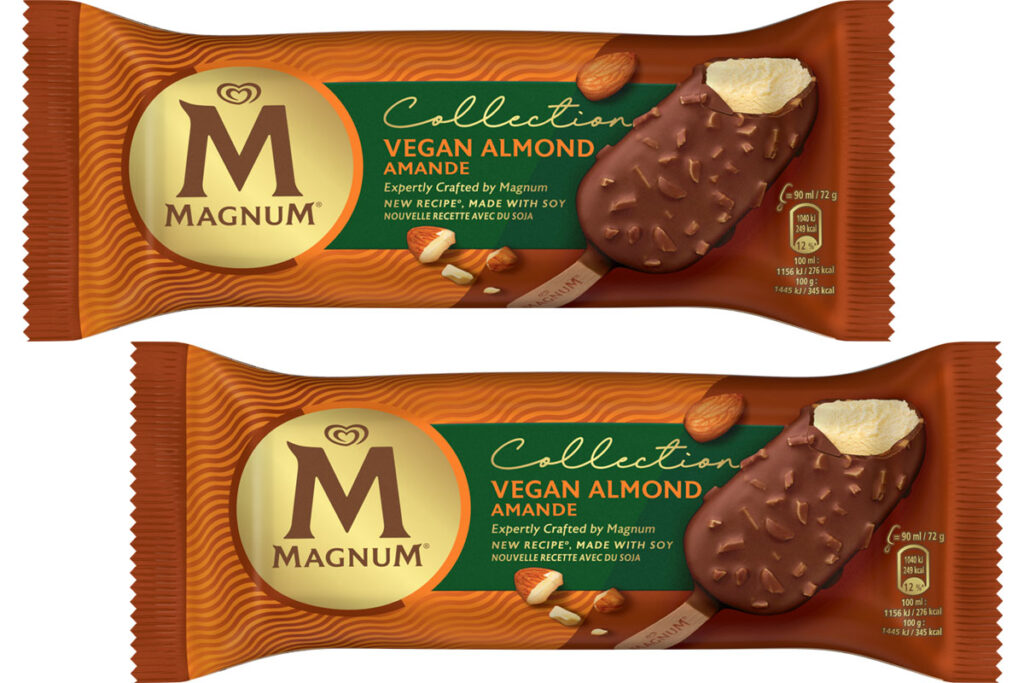 Pack shots of Magnum Vegan Almond single bars.