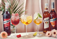 Bottle of Marie Brizar Liqueurs and Sirops stands on a table with cocktails serves in balloon glasses. There are flowers around the table as well as raspberries and a lime slice. The bottles include Marie Brizard Framboise Raspberry Liqueur, Marie Brizard Passion Fruit Sirop and Marie Brizard Apry Liqueur.