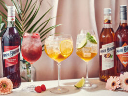 Marie Brizard serves up spring inspiration with Spritz cocktails Bottle of Marie Brizar Liqueurs and Sirops stands on a table with cocktails serves in balloon glasses. There are flowers around the table as well as raspberries and a lime slice. The bottles include Marie Brizard Framboise Raspberry Liqueur, Marie Brizard Passion Fruit Sirop and Marie Brizard Apry Liqueur.