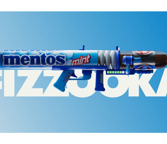 Mentos drops into Fortnite with new rocket launchers The Mentos Mint Fizzooka from Fortnite Creative is against a sky blue background with white lettering that says 'FIZZOOKA'.