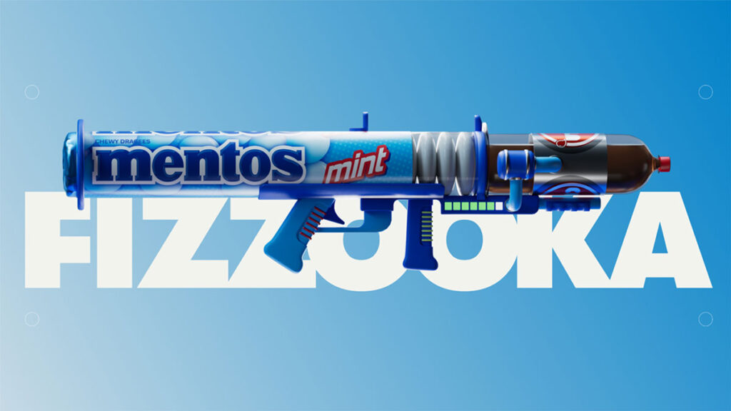 The Mentos Mint Fizzooka from Fortnite Creative is against a sky blue background with white lettering that says 'FIZZOOKA'.