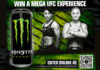 A promotional image for Monster Energy's Win a Mega UFC Experience campaign featuring professional UFC fighters as well as a QR Code to enter the competition.