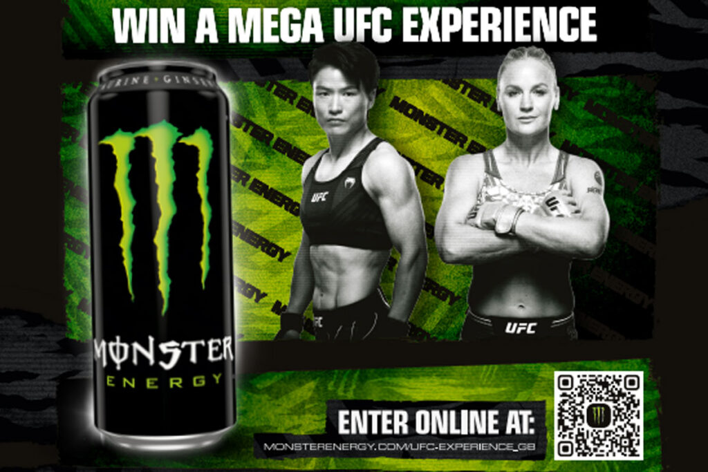 A promotional image for Monster Energy's Win a Mega UFC Experience campaign featuring professional UFC fighters as well as a QR Code to enter the competition.