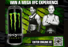 A promotional image for Monster Energy's Win a Mega UFC Experience campaign featuring professional UFC fighters as well as a QR Code to enter the competition.