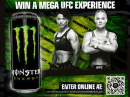 Monster unveils new UFC Experience promotion A promotional image for Monster Energy's Win a Mega UFC Experience campaign featuring professional UFC fighters as well as a QR Code to enter the competition.