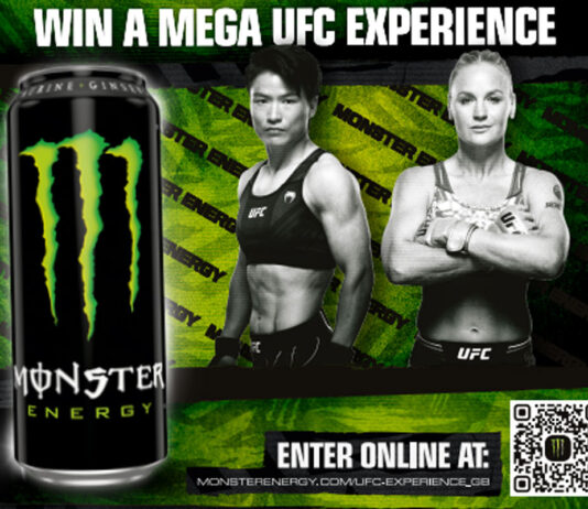 Monster unveils new UFC Experience promotion A promotional image for Monster Energy's Win a Mega UFC Experience campaign featuring professional UFC fighters as well as a QR Code to enter the competition.