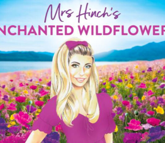 An Enchanted touch for spring cleaning with new Mrs Hinch range An illustration of social media star Mrs Hinch stands against a colourful field of flowers in the background with a landscape overlooking a lake and mountain-ridge. The text at the top reads 'Mrs Hinch's Enchanted Wildflowers'.