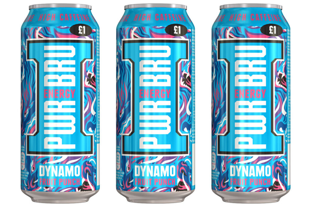 Pack shots of PWR-BRU Dynamo Fruit Punch cans.