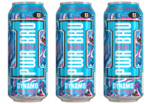 Pack shots of PWR-BRU Dynamo Fruit Punch cans.