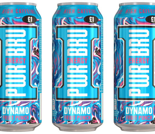 Power up energy sales with new PWR-BRU flavour Pack shots of PWR-BRU Dynamo Fruit Punch cans.