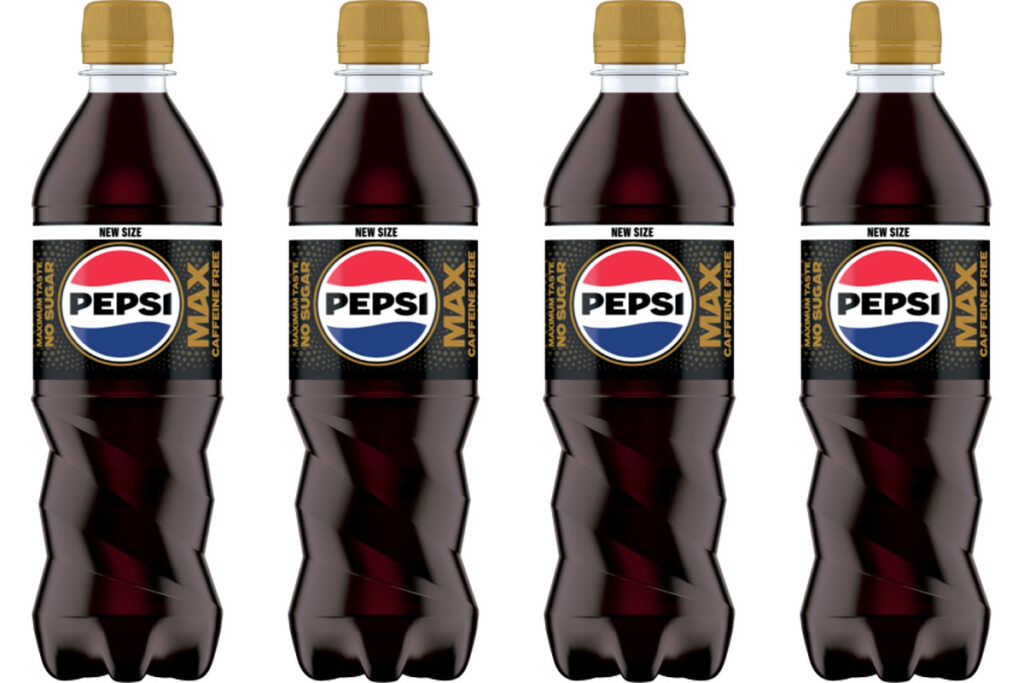 Pack shots of Pepsi Max Caffeine Free 500ml bottles.