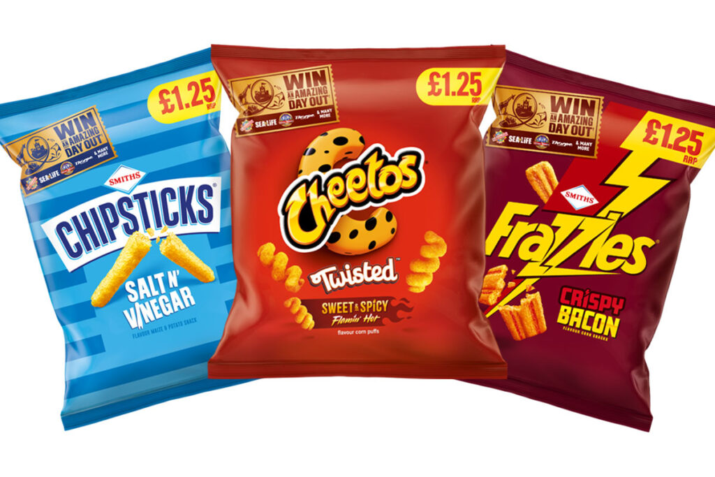 Pack shots of £1.25 PMP packs of Chipsticks, Cheetos Twisted and Frazzles with an on-pack promotion to win tickets for Merlin Entertainment venues.