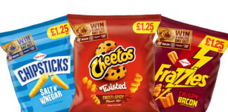 Pack shots of £1.25 PMP packs of Chipsticks, Cheetos Twisted and Frazzles with an on-pack promotion to win tickets for Merlin Entertainment venues.