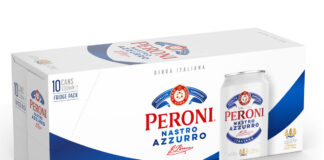 Pack shot of Peroni Nasto Azzurro 10-pack of cans.