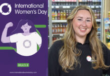 A poster for International Women's Day 2025 with an image of assistant manager of Premier Broadway Convenience Store Sophie Williams.