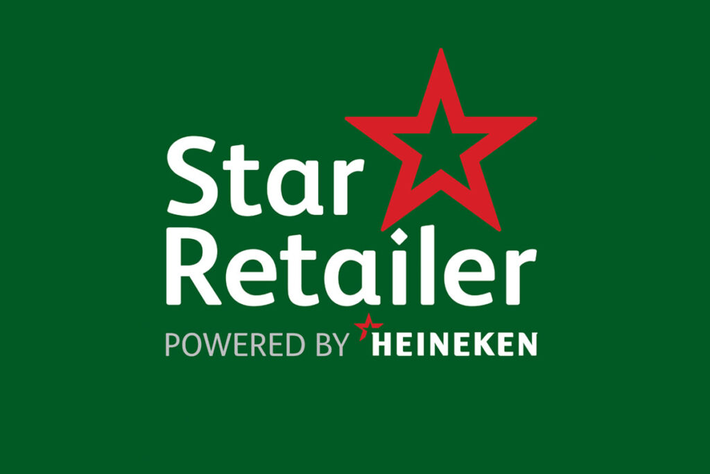 A logo for Star Retailer powered by Heineken is against a green background with a red five-point star in the logo.