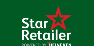 A logo for Star Retailer powered by Heineken is against a green background with a red five-point star in the logo.