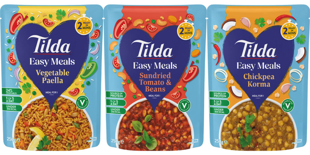 Pack shots of Tilda Ready Meals including Vegetable Paella, Sundried Tomatoes & Beans and Chickpea Korma.