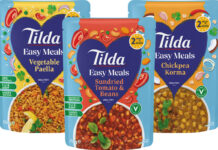 Pack shots of Tilda Ready Meals including Vegetable Paella, Sundried Tomatoes & Beans and Chickpea Korma.