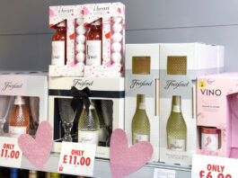 Inflation falls ahead of Reeves’ spring statement Gift packs of wine brands sit on a shelf in a store with glittery pink hearts and promotional prices. The brands include I Heart Wines, Freixenet and Vino Chic.