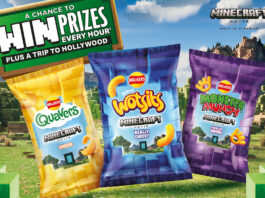 Walkers extends Minecraft Movie collaboration with on-pack promo Promotional poster for the Walkers Snacks collaboration with A Minecraft Movie featuring packs of Quavers, Wotsits and Monster Munch with graphics from A Minecraft Movie on packs with a landscape from the film and a call out which says 'A Chance to win Prizes every hour plus a trip to Hollywood'.