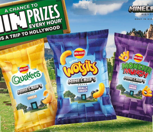 Walkers extends Minecraft Movie collaboration with on-pack promo Promotional poster for the Walkers Snacks collaboration with A Minecraft Movie featuring packs of Quavers, Wotsits and Monster Munch with graphics from A Minecraft Movie on packs with a landscape from the film and a call out which says 'A Chance to win Prizes every hour plus a trip to Hollywood'.