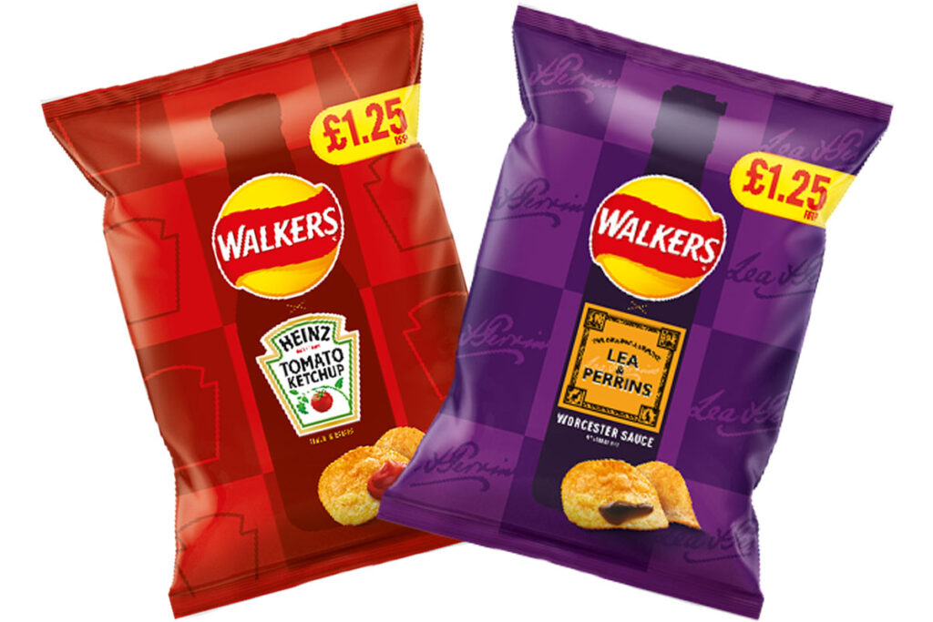 Pack shots of Walkers Heinz Tomato Ketchup crisps and Walkers Lea & Perrins Worcester Sauce.