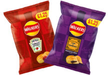 Pack shots of Walkers Heinz Tomato Ketchup crisps and Walkers Lea & Perrins Worcester Sauce.