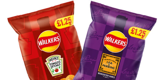 Pack shots of Walkers Heinz Tomato Ketchup crisps and Walkers Lea & Perrins Worcester Sauce.